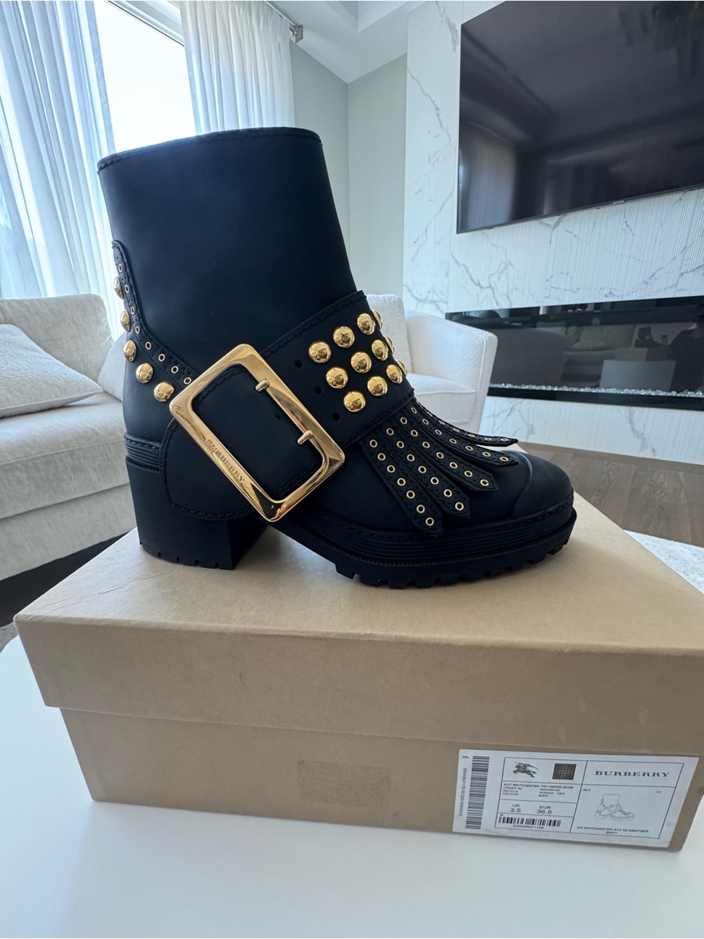 Burberry Black Leather Ankle Boots with Gold Studs and Buckle